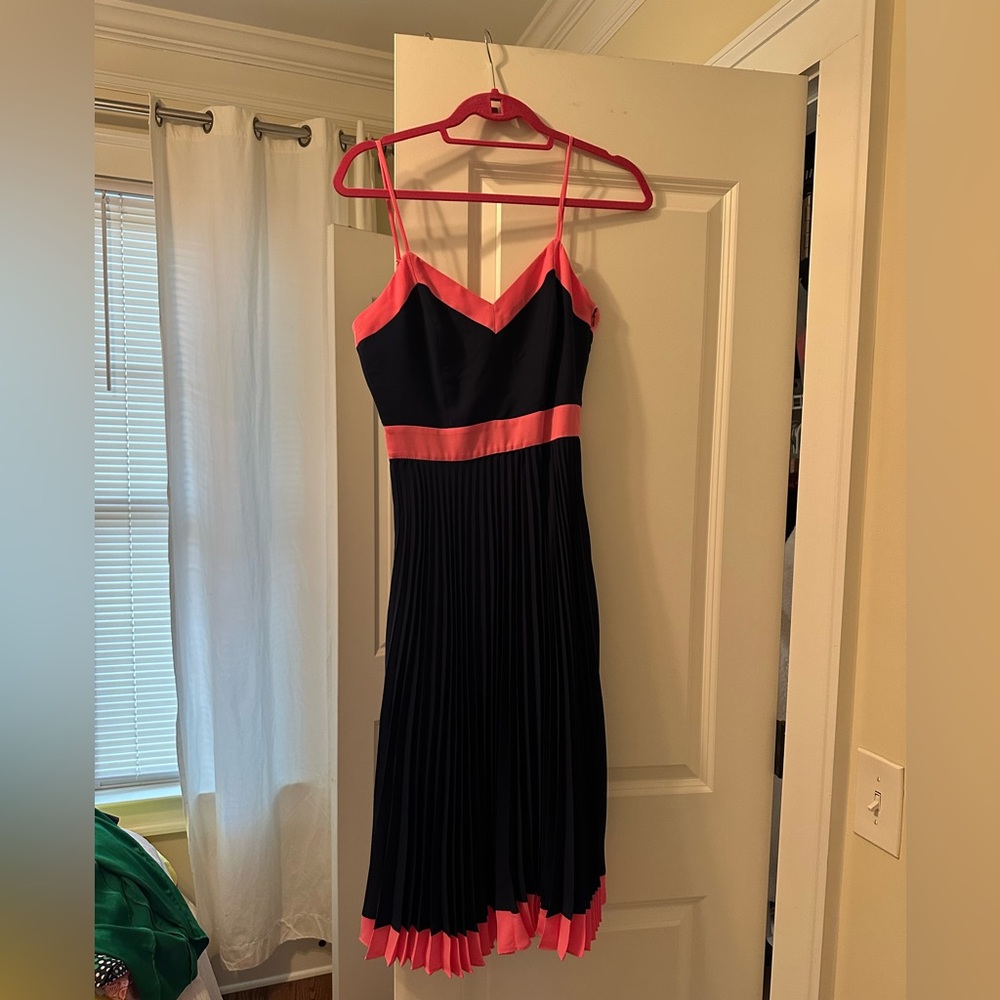 Milly Navy and Pink Strappy Midi Pleated Dress